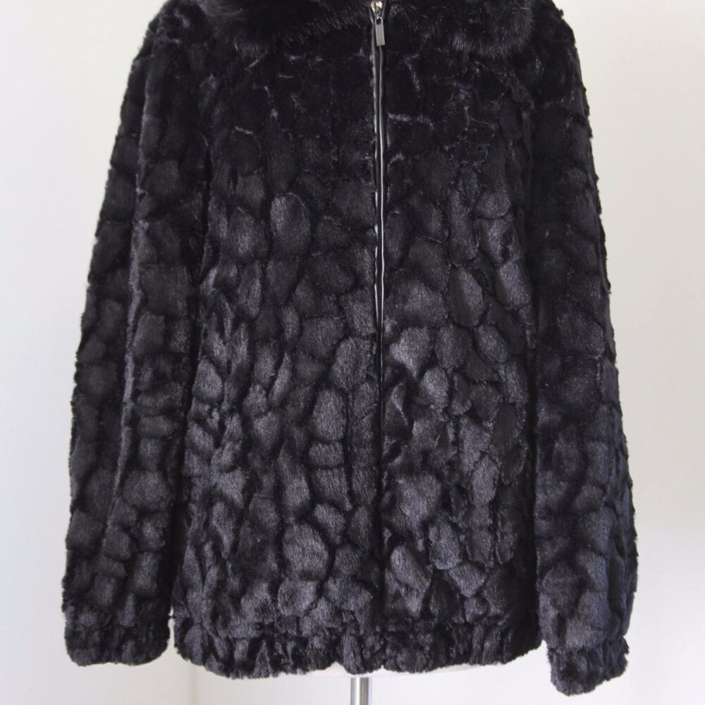 ADRIENNE LANDAU BLACK COLLARED FAUX FUR LONG SLEEVE JACKET COAT LG & XL NWT $275 - Picture 2 of 10